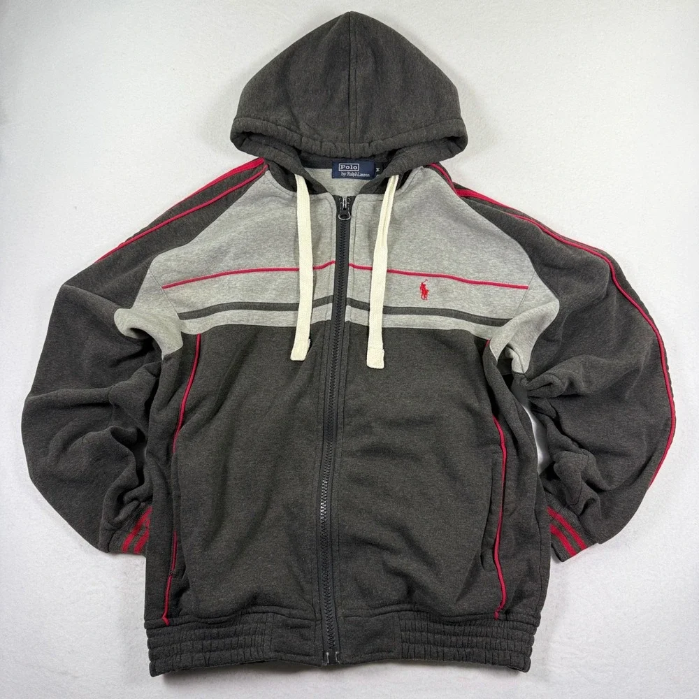 Vintage 90s Polo Ralph Lauren Hoodie Mens M Fits L Gray Red Colorblock Zip Y2K